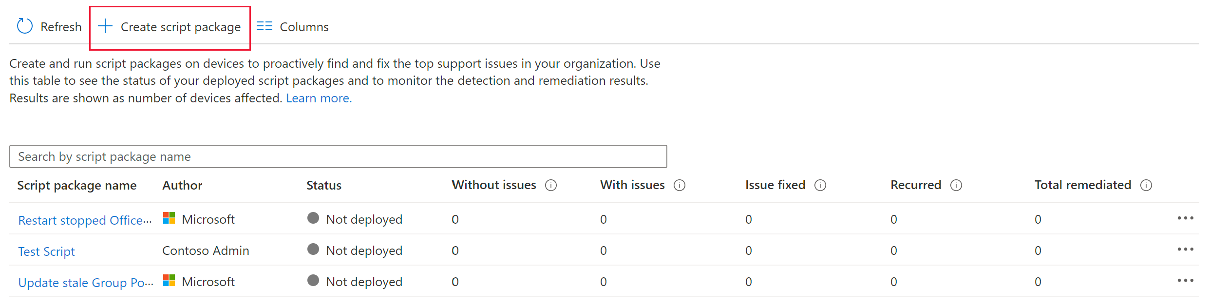 Screenshot that shows the create script package button in the Remediations page in Microsoft Intune.