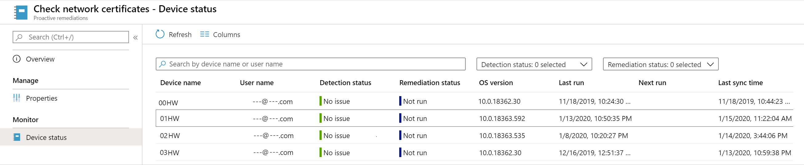 Screenshot that shows the Remediations device status page in Microsoft Intune.