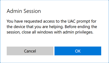 Screenshot of the prompt to enable elevation support during a remote help session on Windows.