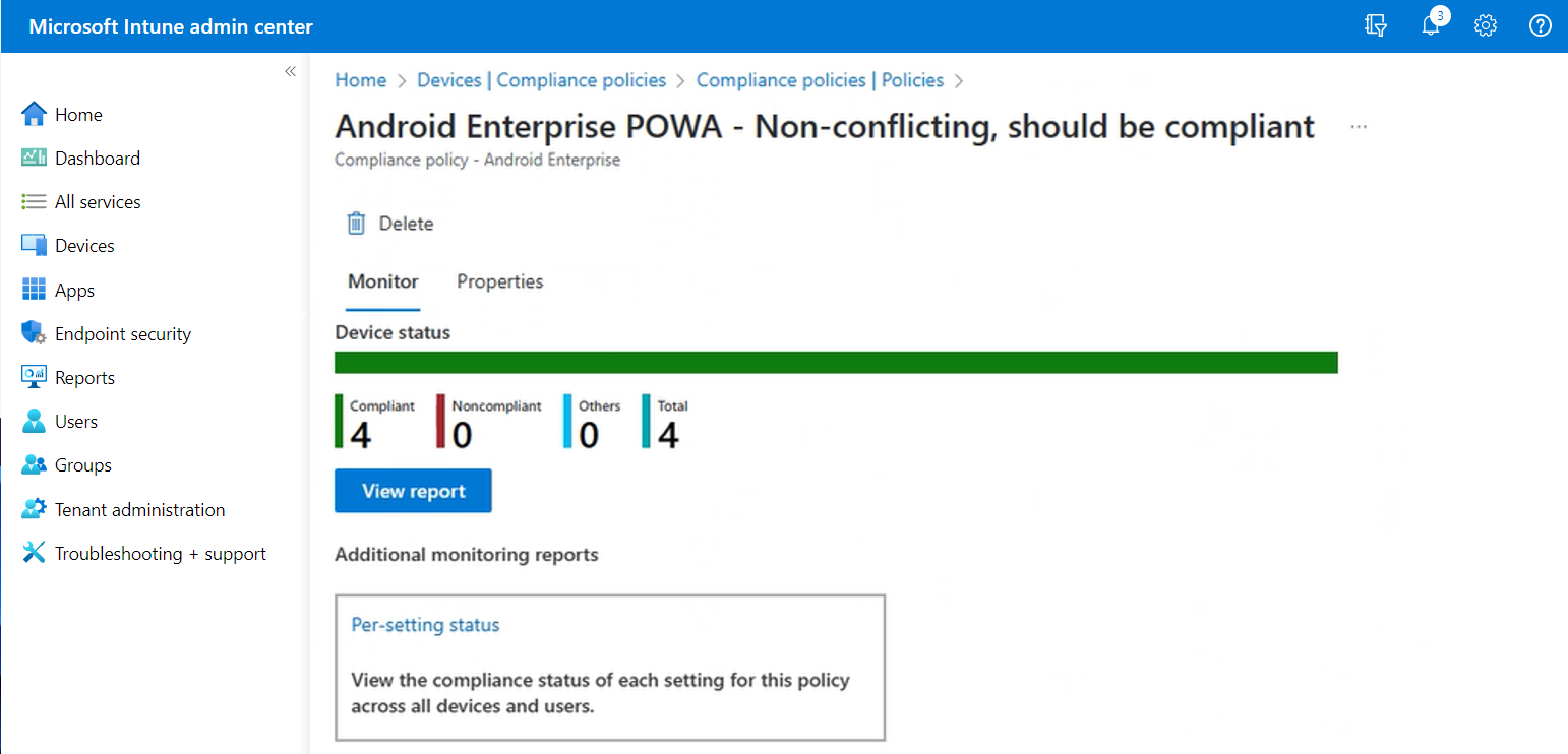 View of the Intune admin center after selecting a compliance policy.