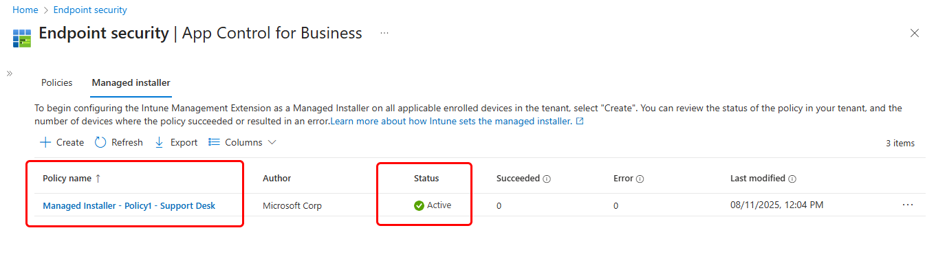 A screenshot of the Managed Installer pane, with a managed installer policy present, and active.