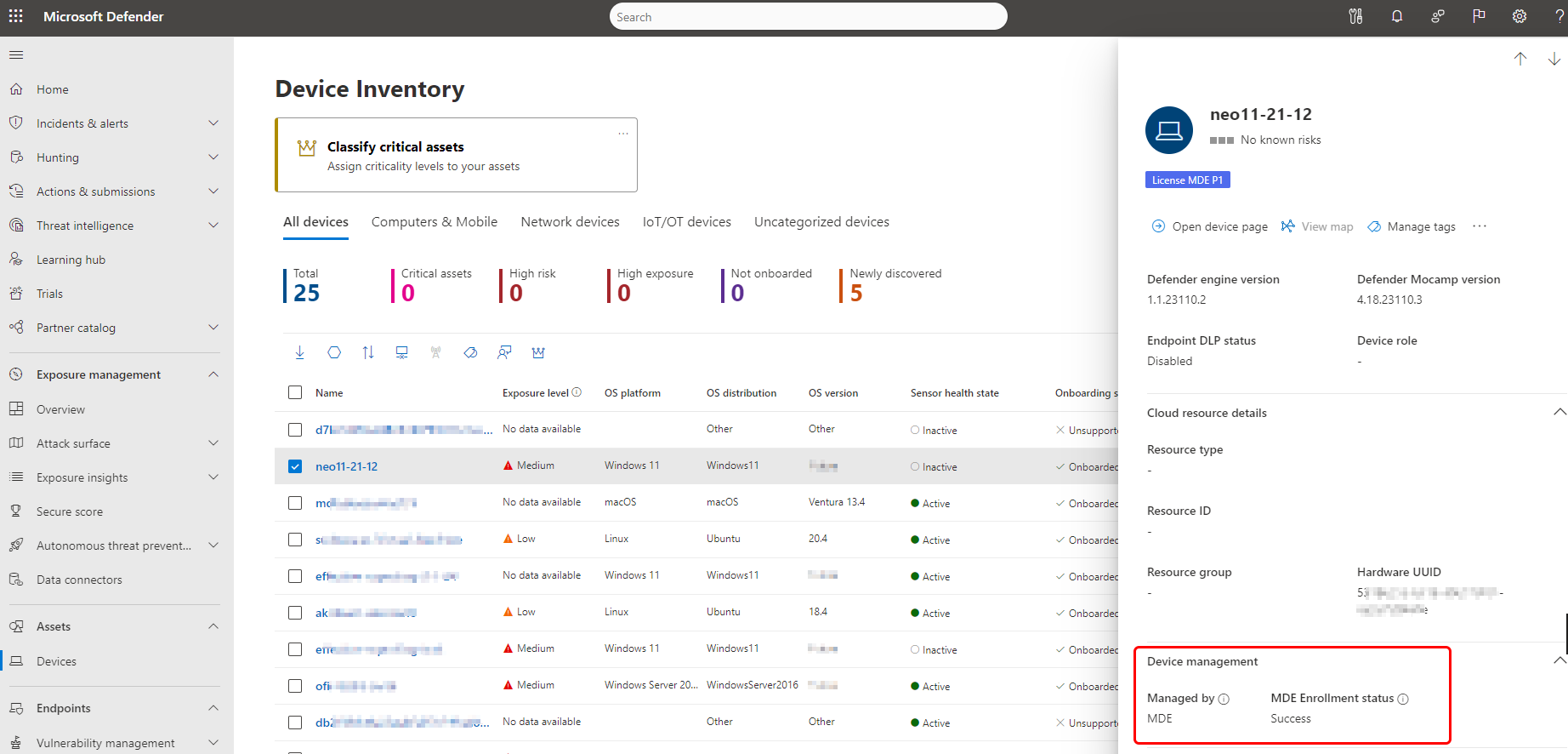 A screenshot of a devices security settings management enrollment status on the device page in the Microsoft Defender portal.