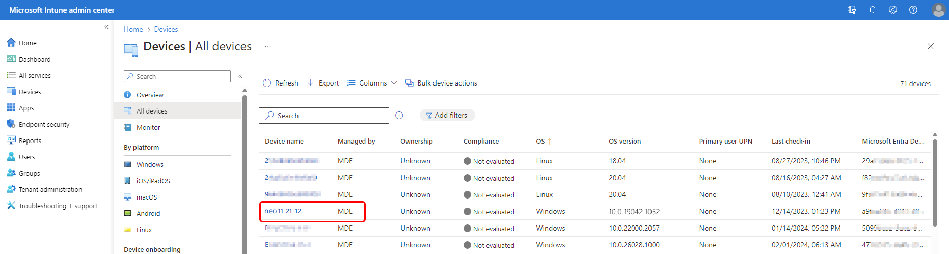 A screenshot of the device page in the Intune admin center with the Managed by status of the device highlighted.