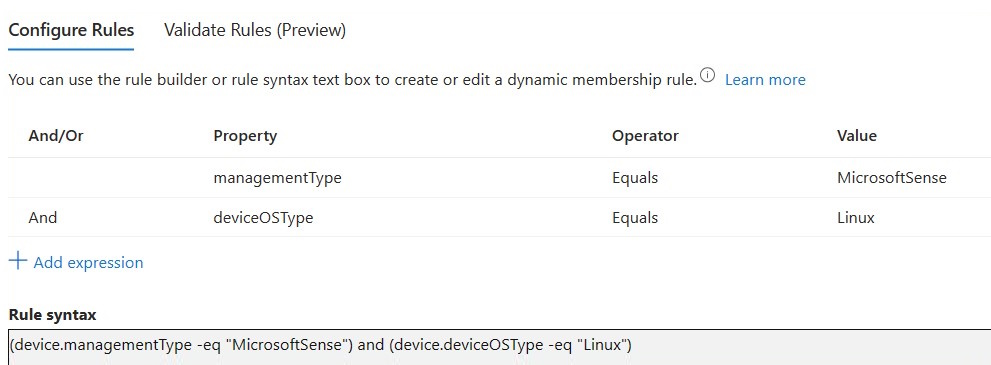 A screenshot of the Intune Dynamic Group for Windows Linux.