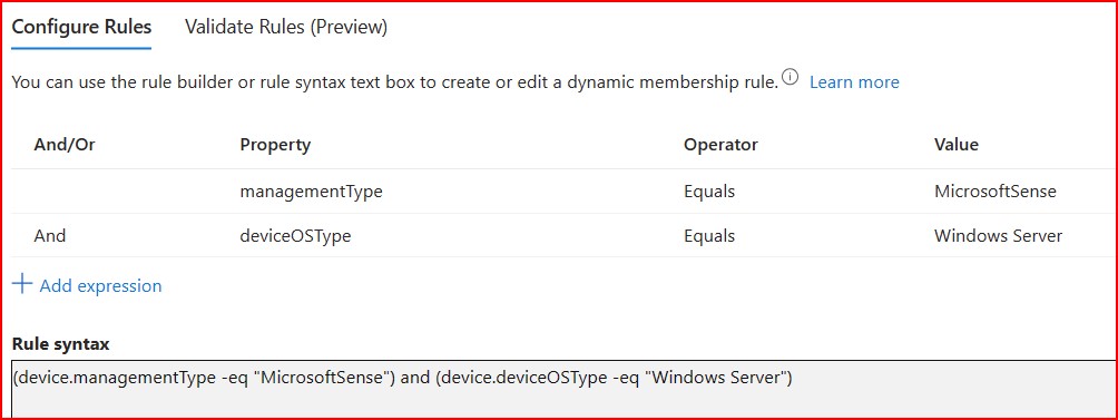 A screenshot of the Intune Dynamic Group for Windows Servers.