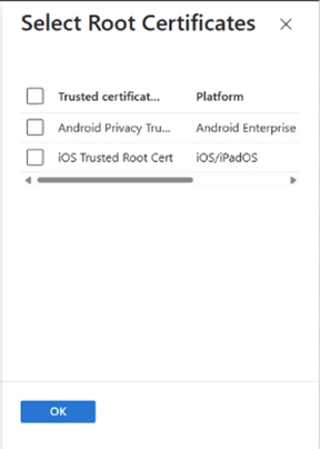 View of the root certificate selection pane.