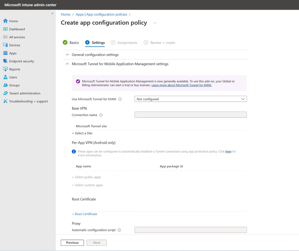 View of the Tunnel settings in an app configuration policy.