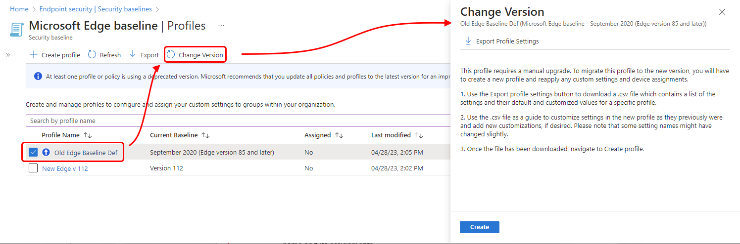 Screen shot that shows the navigation path in the Intune admin center, to open the Change Version pane.