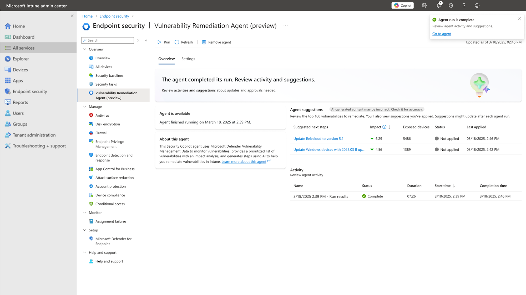A screenshot that displays the Remediation Agent home page in the admin center.