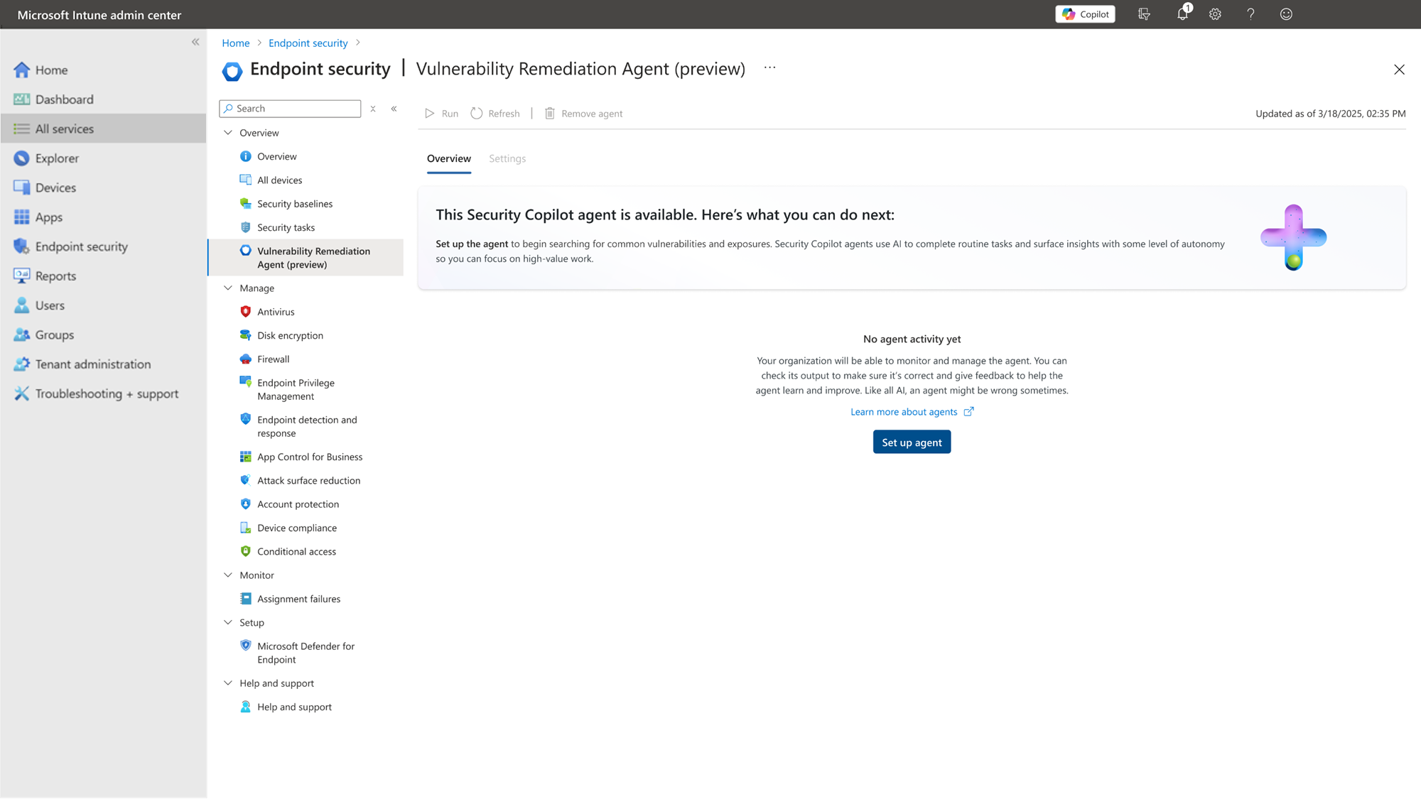 A screenshot that displays the Intune admin center home page with the Vulnerability Remediation Agent tile.