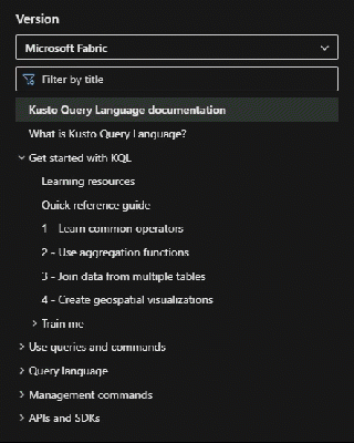 Screenshot of selecting a different KQL version from the table of contents.