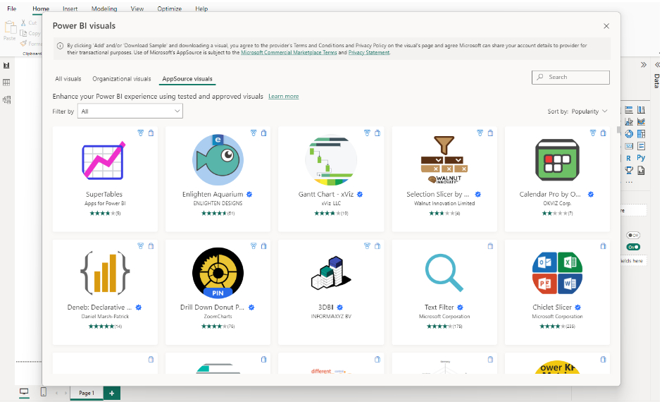 Screenshot showing Power BI visuals from Microsoft Marketplace.