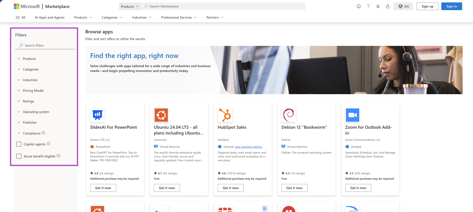Screenshot that highlights the search filters pane.