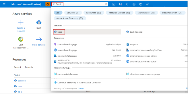 Screenshot explaining how to find SaaS services in the Azure portal.