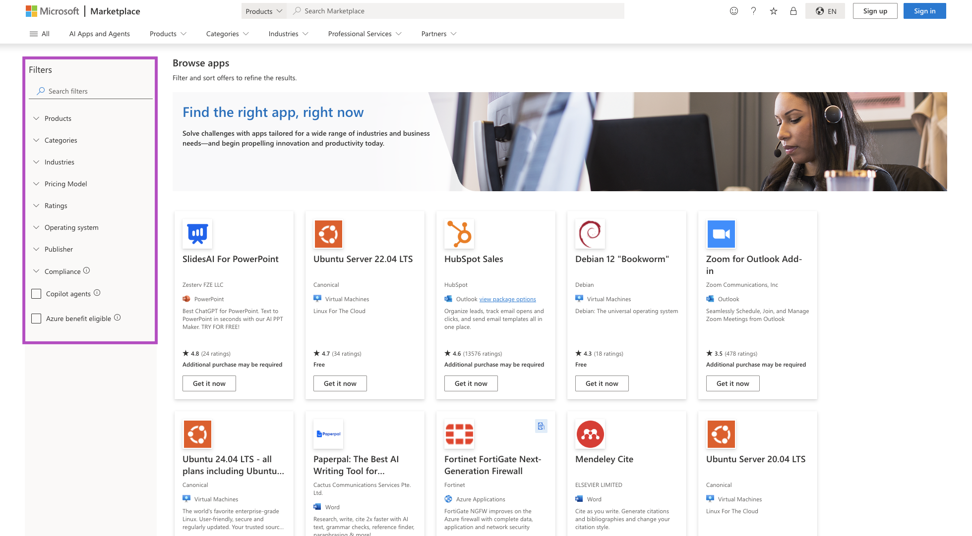 Screenshot showing Microsoft Marketplace browse experience.