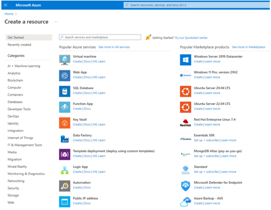 Screenshot showing the solutions available for the create a resource options in Azure portal.