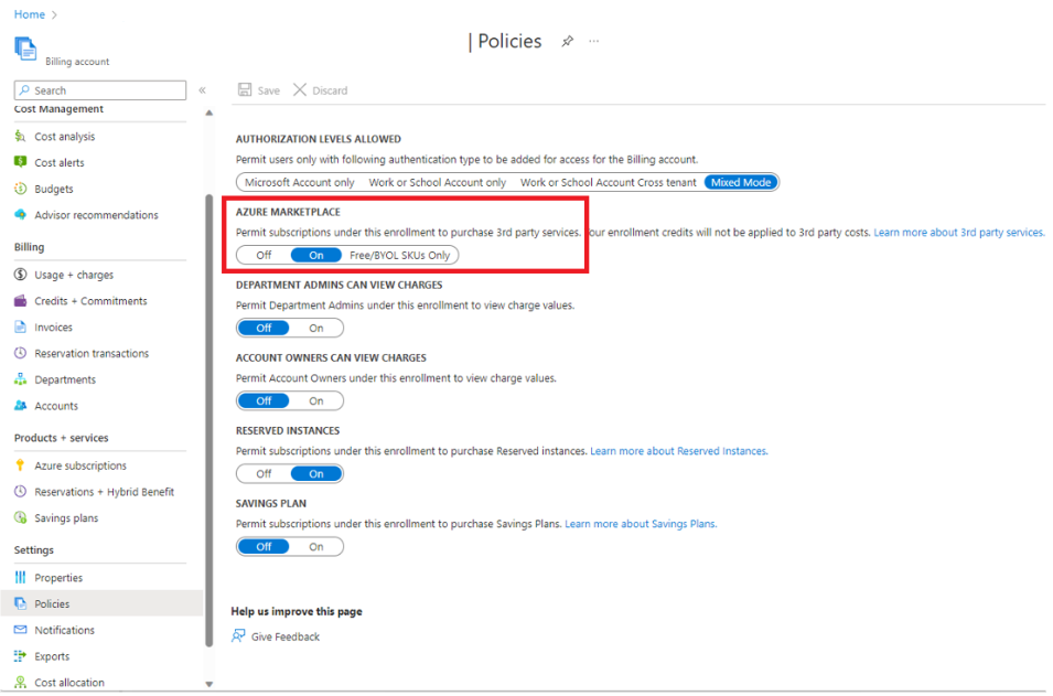 Screenshot of the policies pane with Marketplace toggled on.