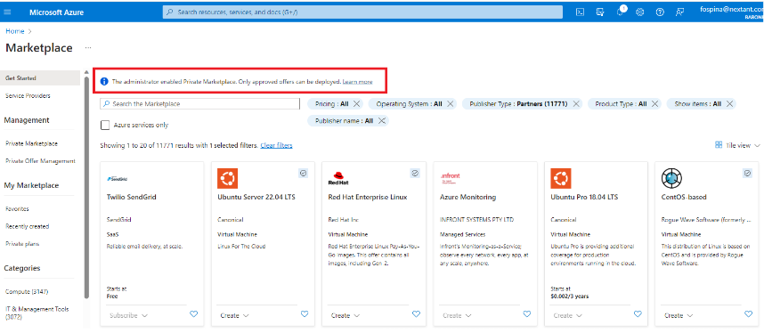 Screenshot highlighting the private Marketplace enabled notification.