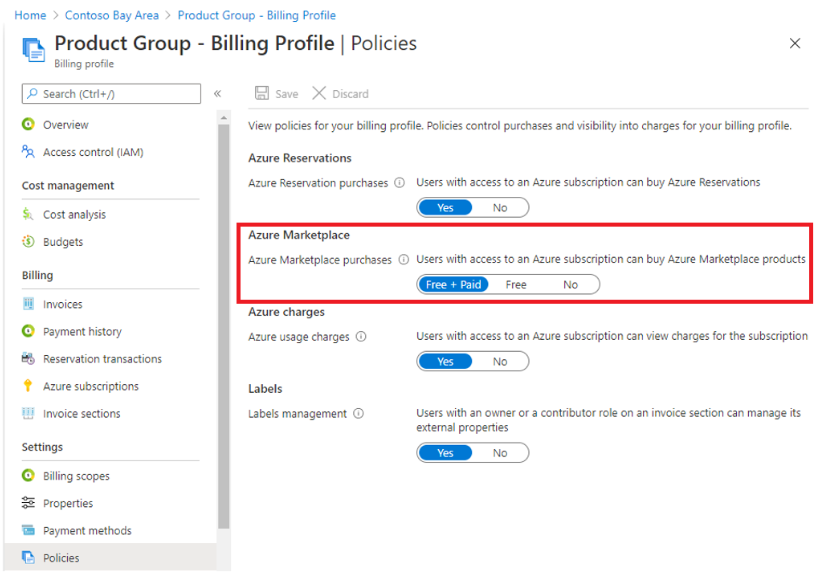 Screenshot of the product group billing profile policies pane in Microsoft Marketplace.
