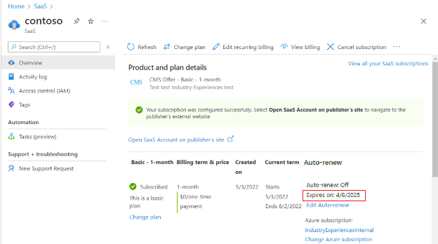 Screenshot showing SaaS services renewal date in the Azure portal.