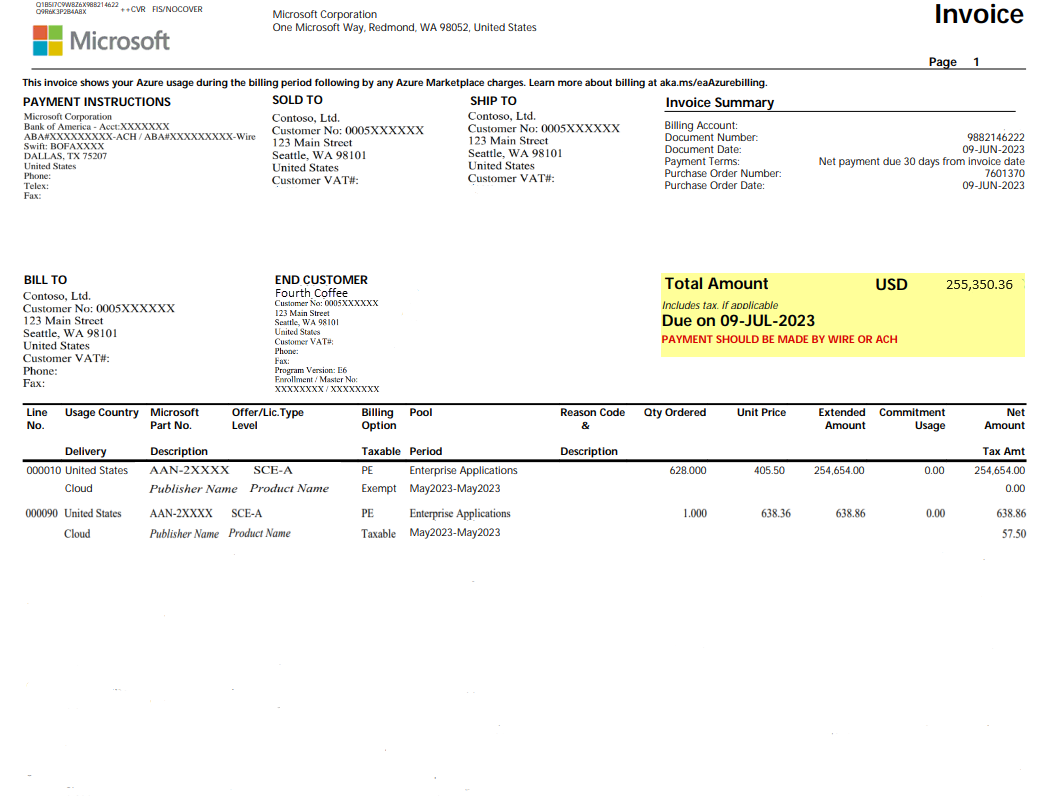 Screenshot showing the Enterprise Agreement invoice for a purchase through a Licensing Solution Provider.