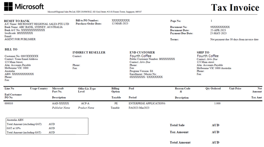 Screenshot showing the Enterprise Agreement invoice for Australia, a Microsoft-managed country/region.