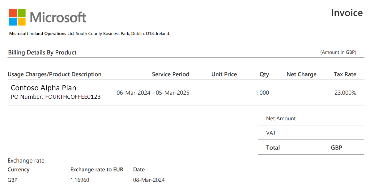 Screenshot showing Page 2 of the Enterprise Agreement invoice for a publisher-managed country/region.