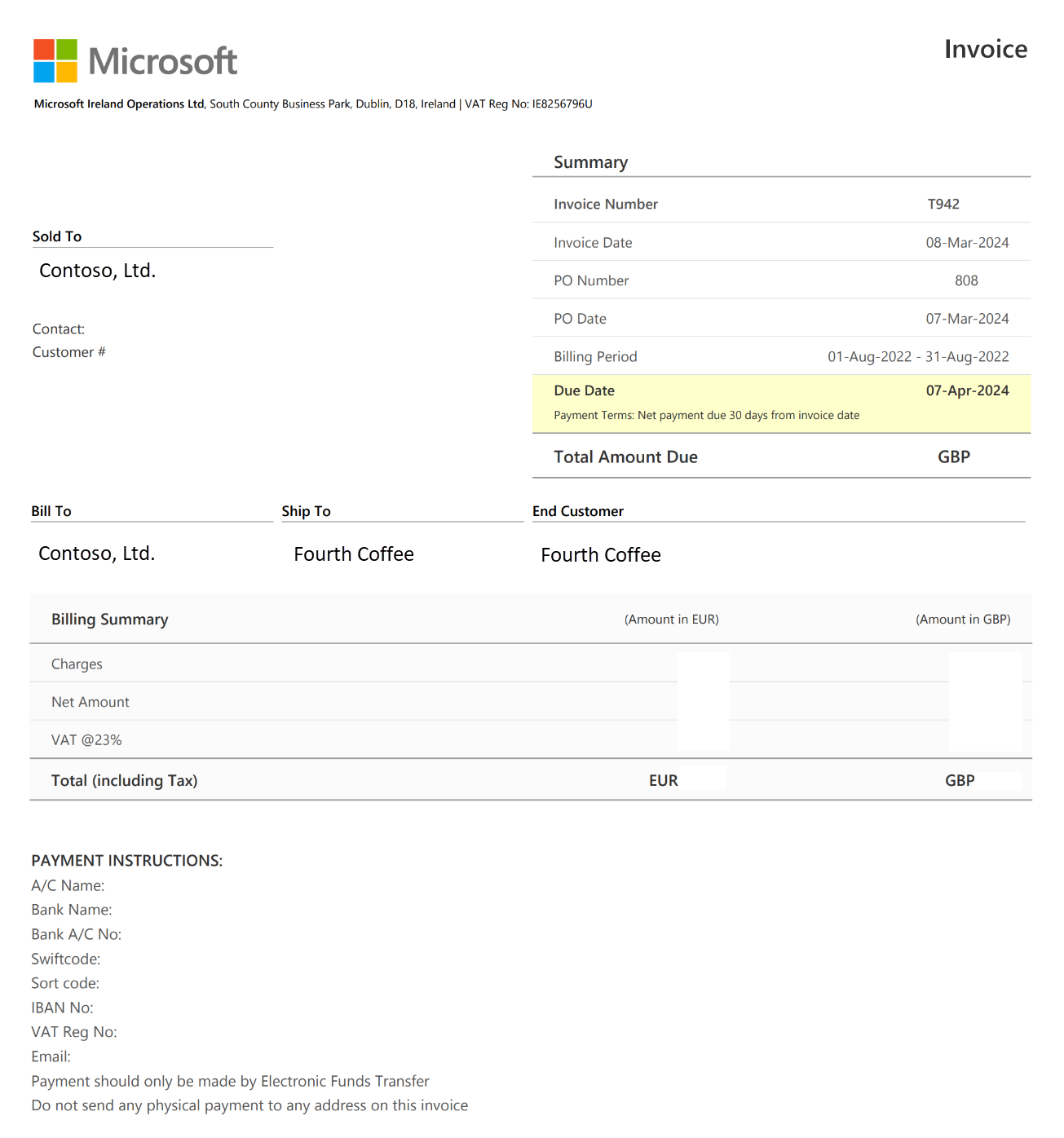 Screenshot showing the Enterprise Agreement invoice for a publisher-managed country/region.