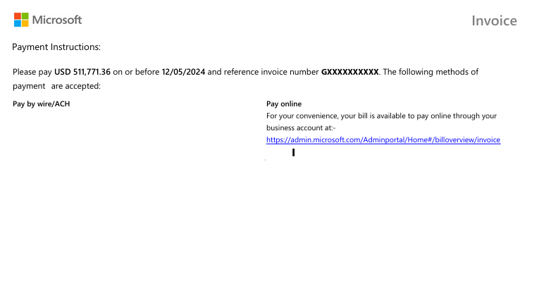 Screenshot that shows an example of the payment instructions portion of a Microsoft Customer Agreement invoice.