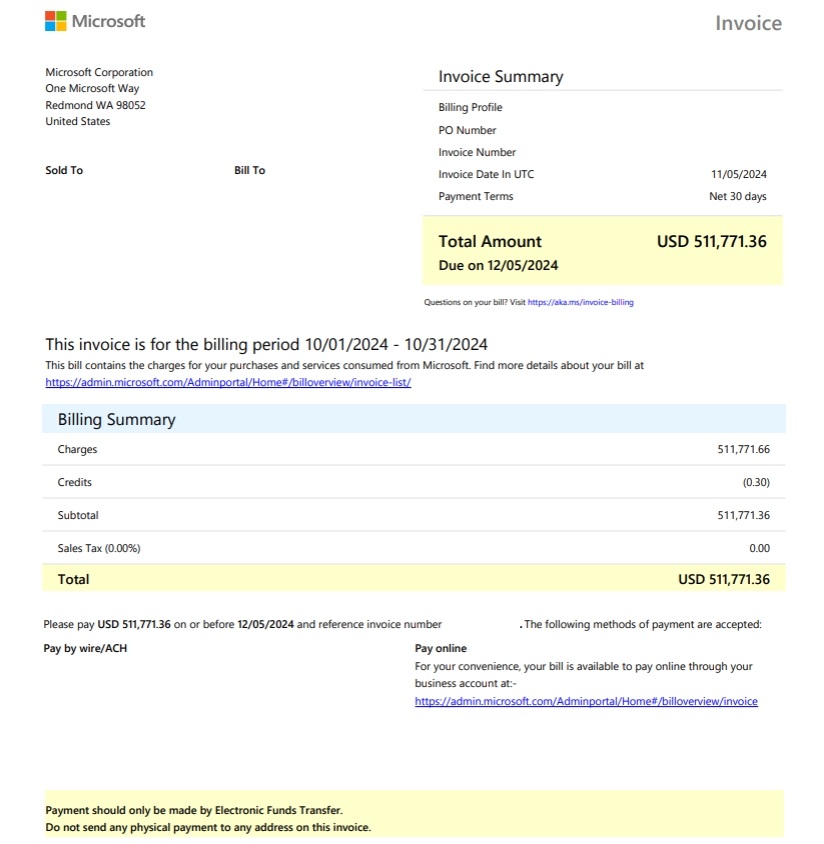 Screenshot showing and example of the invoice for customers using a Microsoft Customer Agreement.