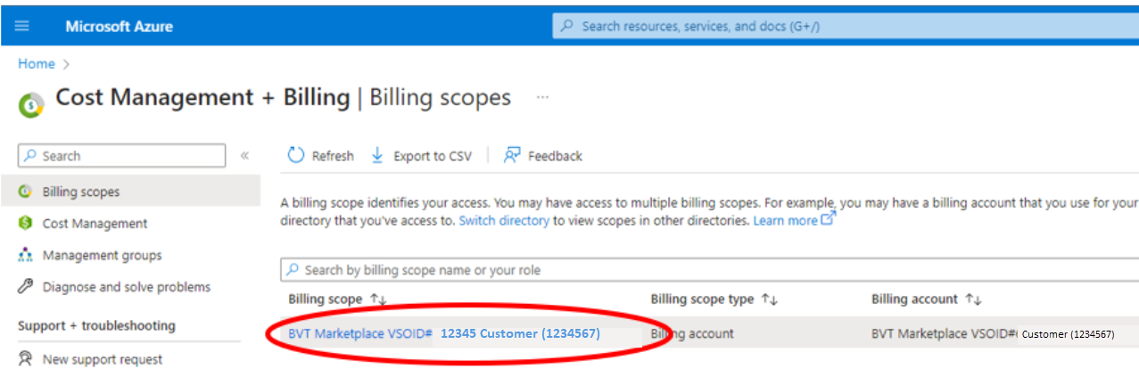 Screenshot of the Billing scopes screen, with a sample billing scope with the name BVT Marketplace VSOID #12345 Customer (1234567) highlighted.