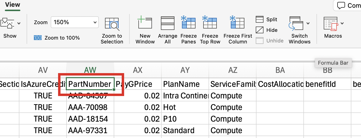 Screenshot of the cost details file showing the PartNumber column.