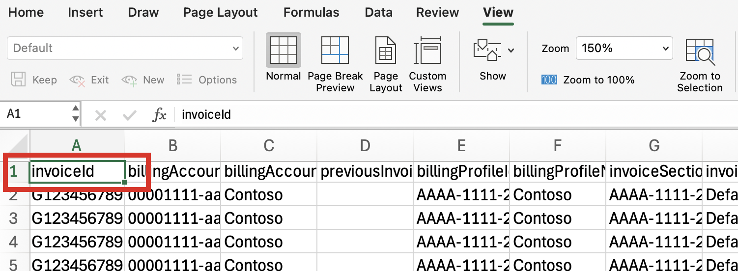 Screenshot of the cost details file showing the InvoiceId column.