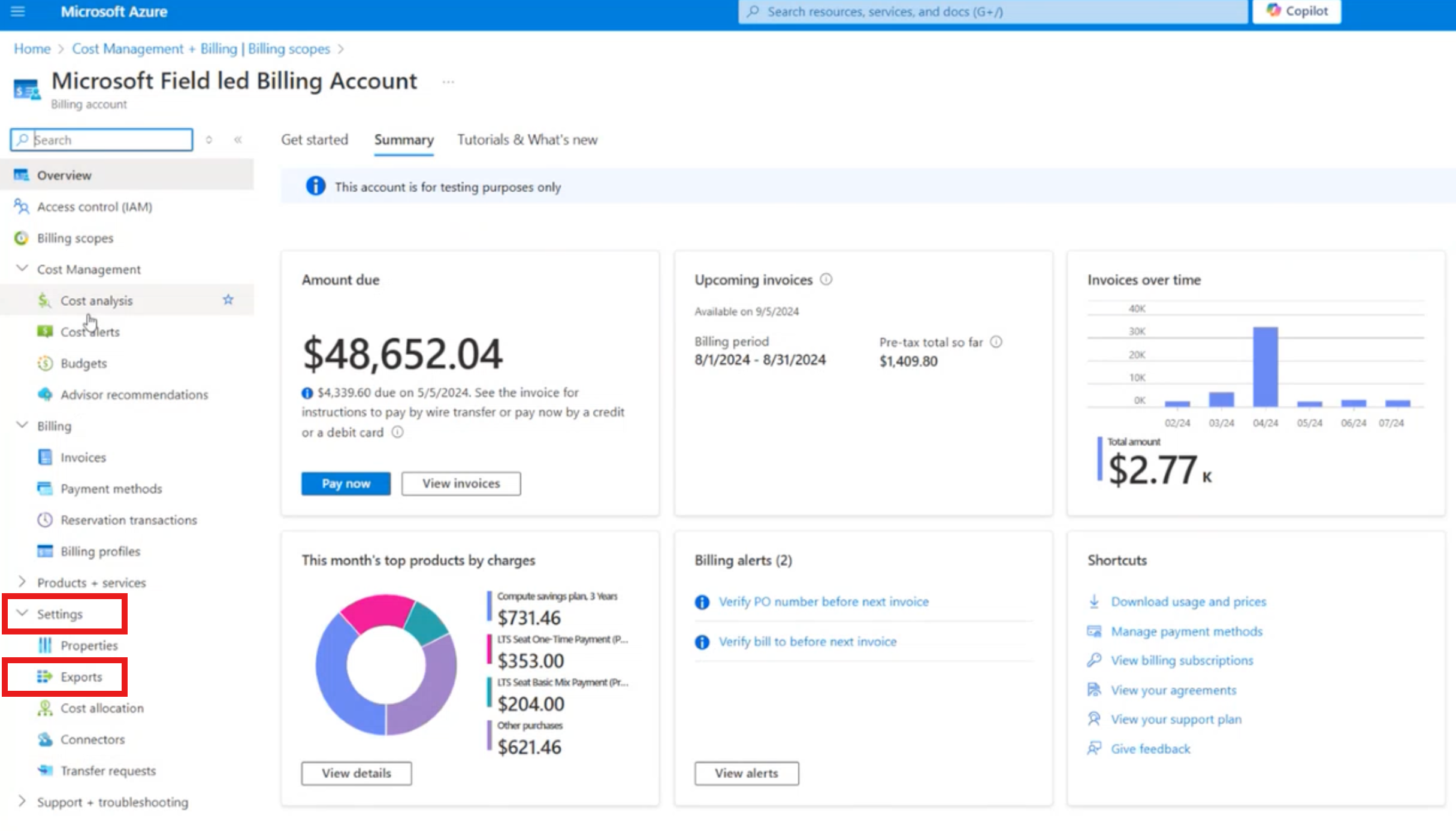 Screenshot of the Settings -> Exports left menu for a customer to download the cost details file.