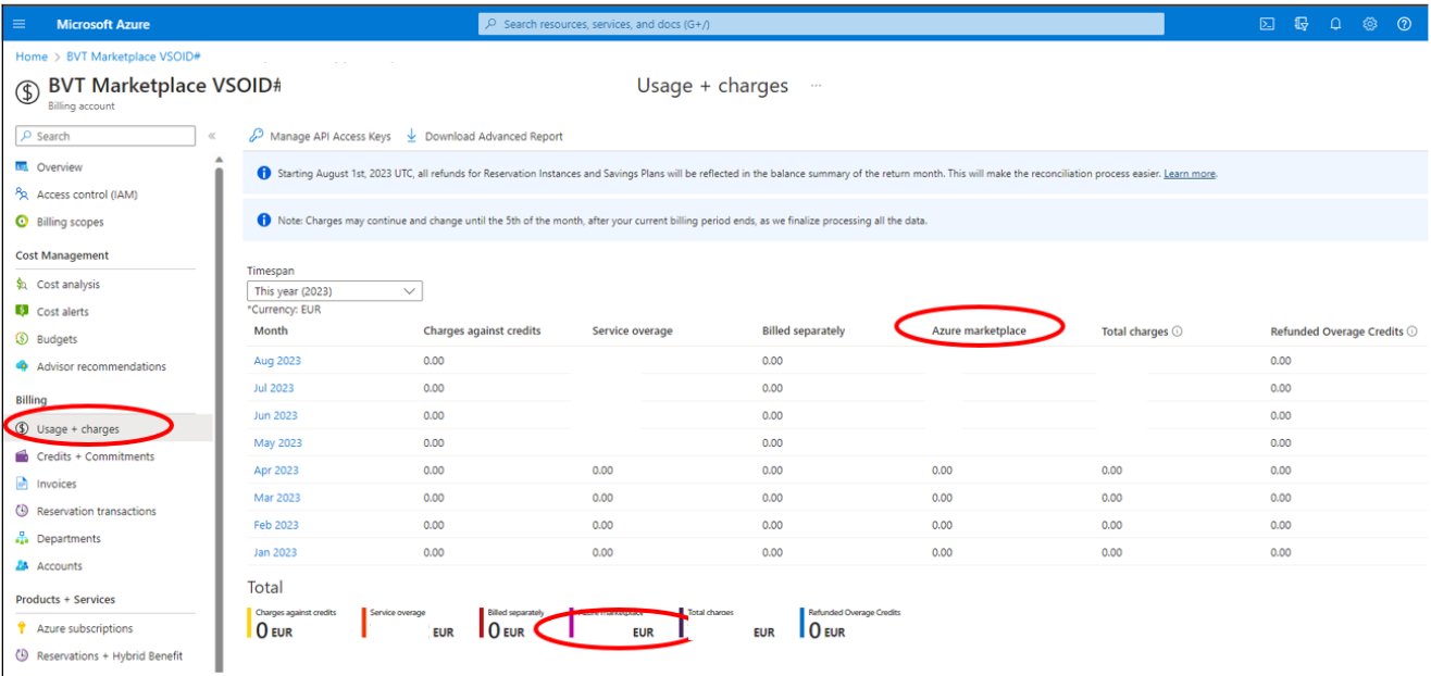 Screenshot of the Usage + charges view, with Microsoft Marketplace highlighted, and a total shown at the bottom.