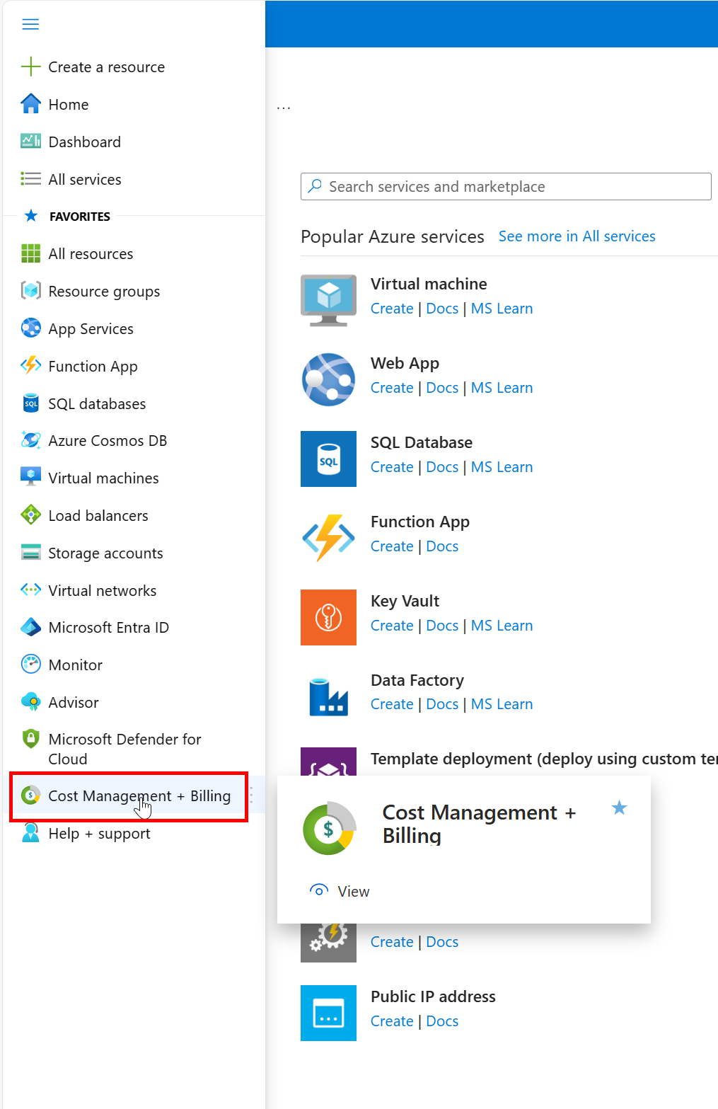 Screenshot that shows the Welcome to Azure screen, with the Cost management + Billing tab highlighted.