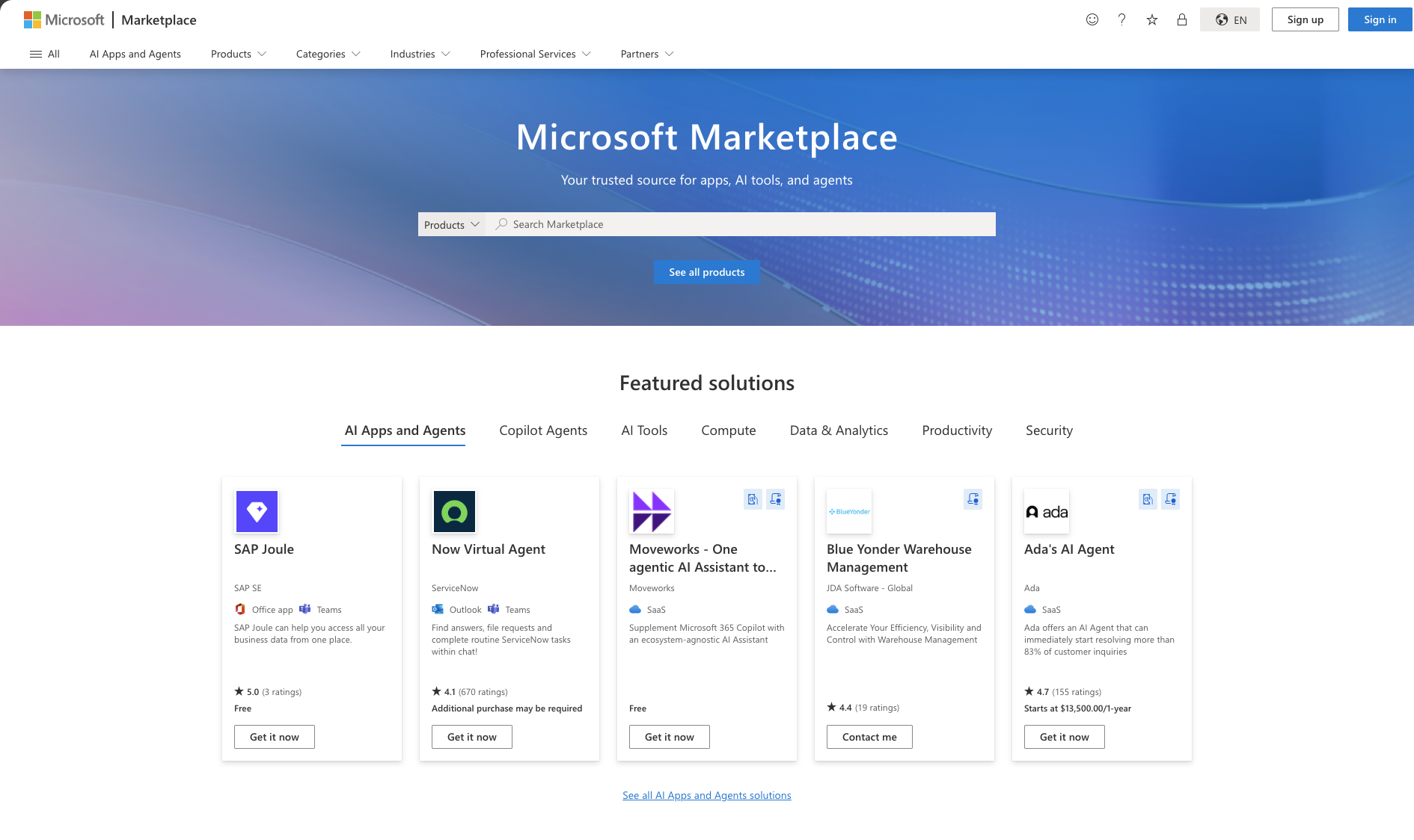 Screenshot of Microsoft Marketplace home page.