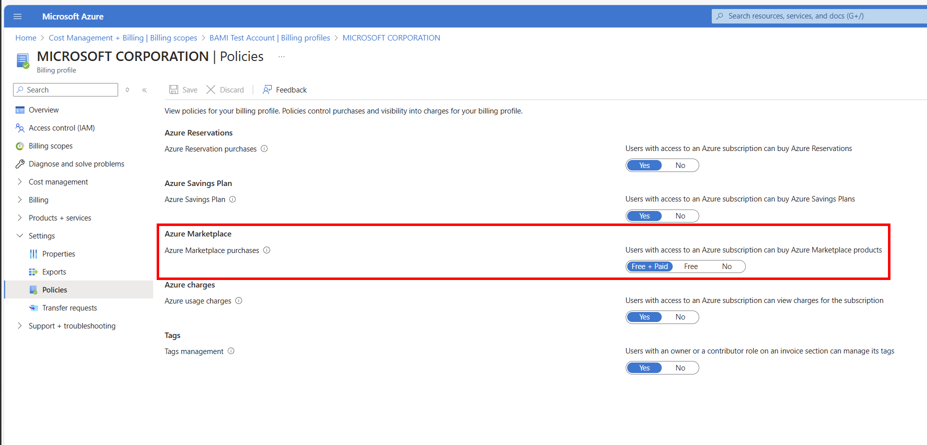 Screenshot of the policies pane with Marketplace toggle set to Free and Paid.