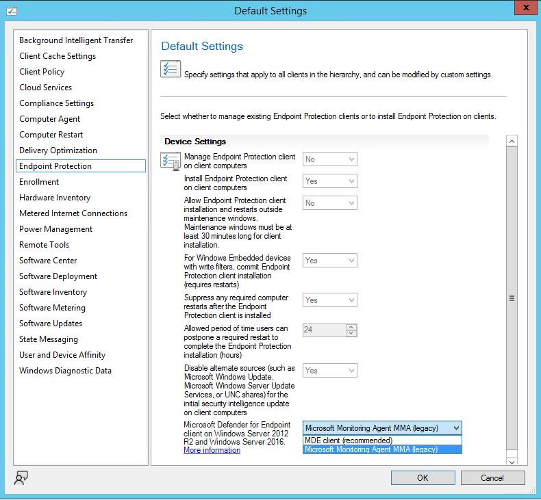 Screenshot of Client Settings for Endpoint Protection showing different options for down-level server operating system devices.