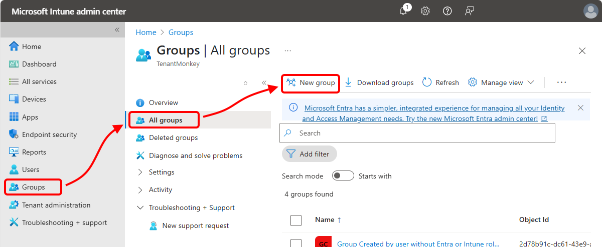 Screenshot that shows Groups pane of the Intune admin center.
