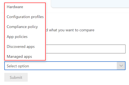 Screenshot that shows the Copilot comparing two devices in Microsoft Intune or Intune admin center.