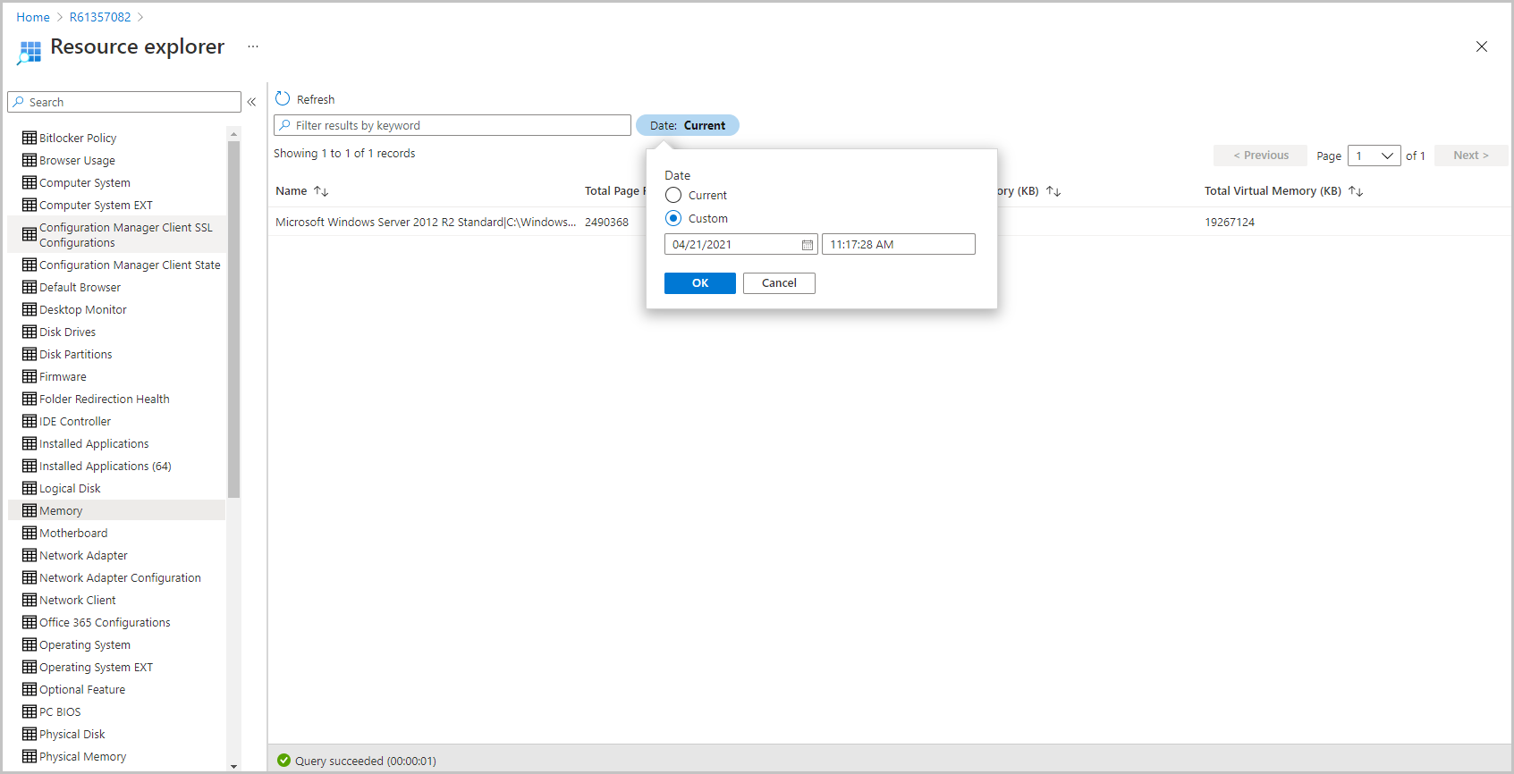 Screenshot of choosing a date from Resource explorer in the Microsoft Intune admin center