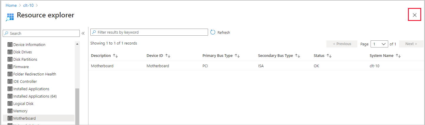 Close resource explorer with the x icon in Microsoft Intune admin center