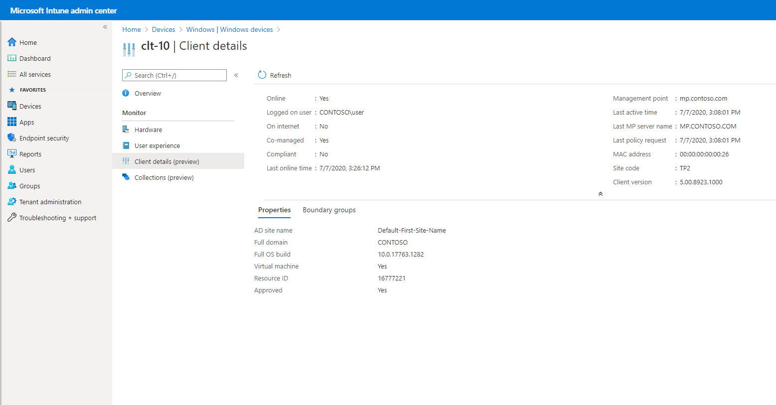 Client details in Microsoft Intune admin center
