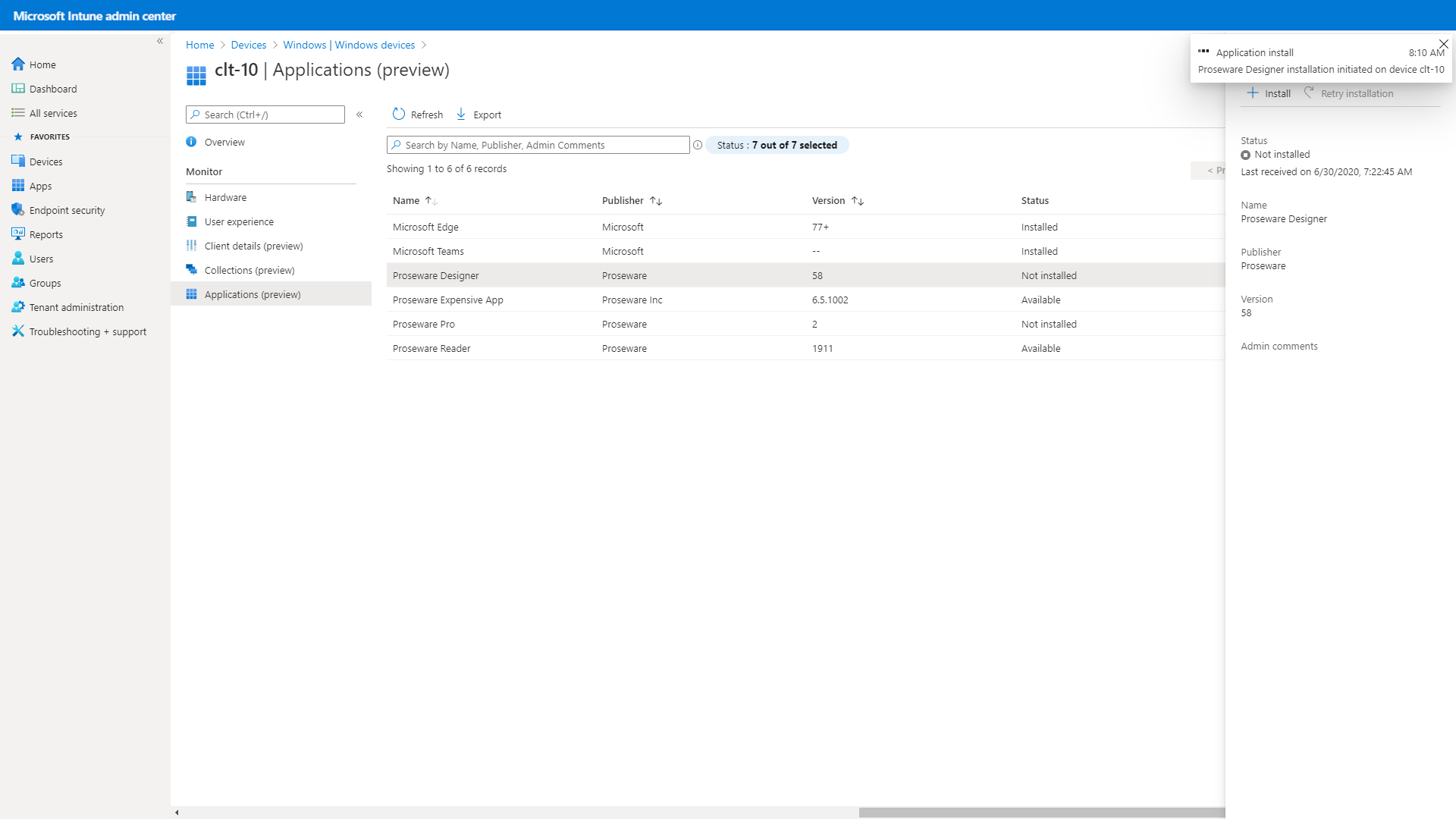 Screenshot of application installation from Microsoft Intune admin center