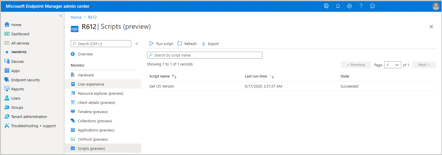 Screenshot of the scripts list from Microsoft Intune admin center