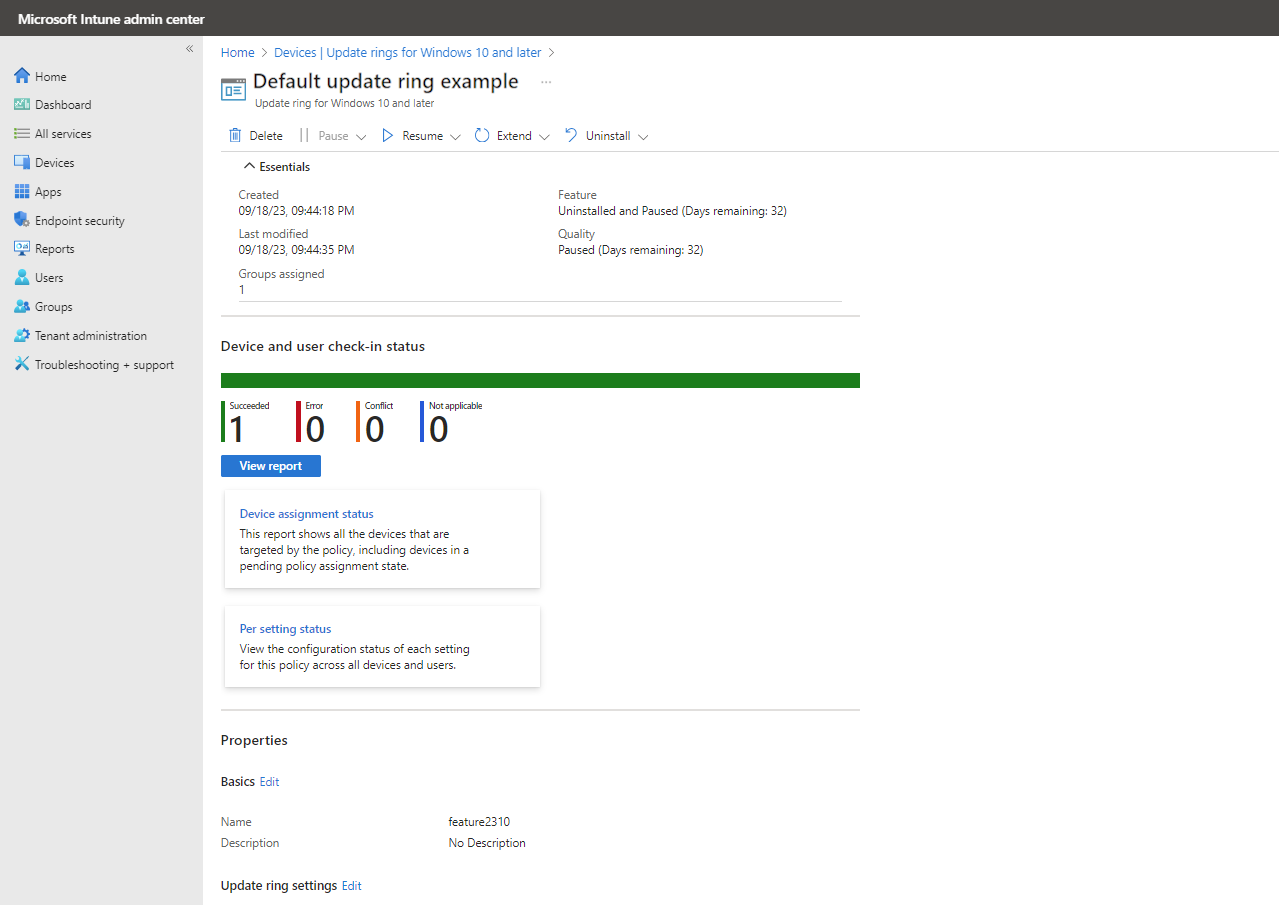 Screen capture of the default view for Update rings policy.