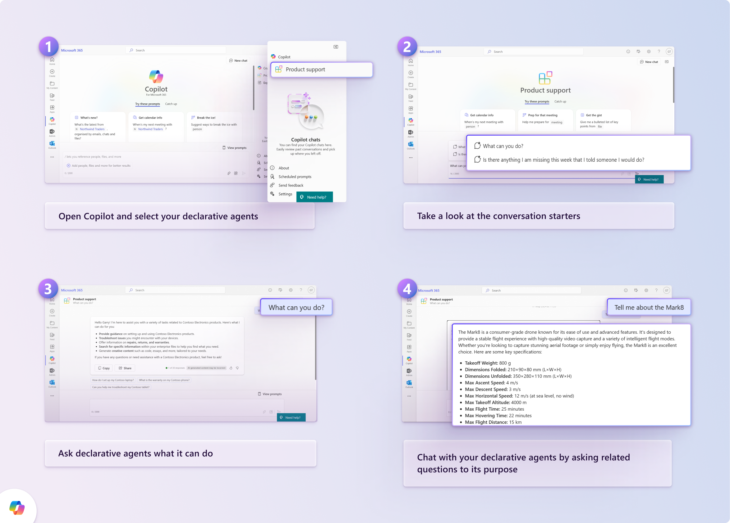 Screenshots that show declarative agents running on Microsoft 365 Copilot.