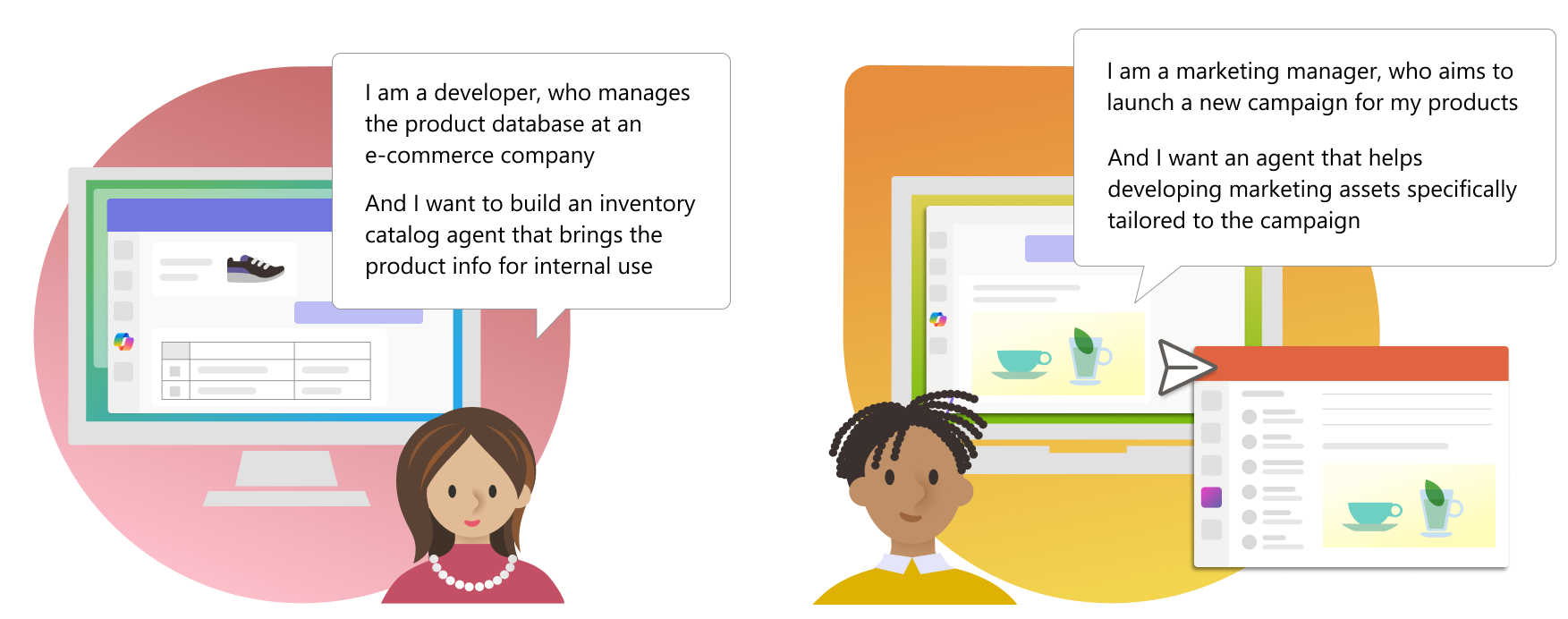 Persona 1 - I am a developer, who manages the product database at an e-commerce company, and I want to build an inventory catalog plugin that brings the product information for internal org. Persona 2 - I am a marketing manager, who aims to launch a new campaign for my products. And I want a tool that helps developing marketing assets tailored to the campaign.