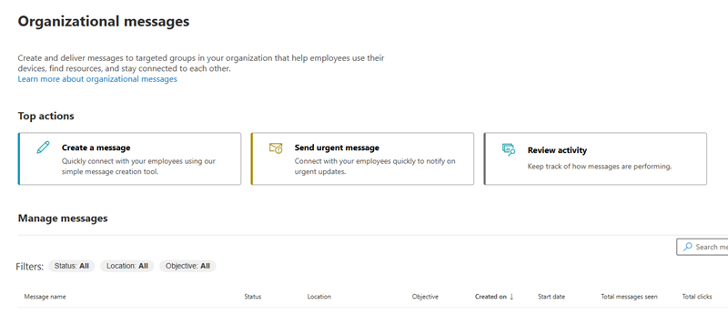 An image of the Organizational messages page in which you can create a custom message.